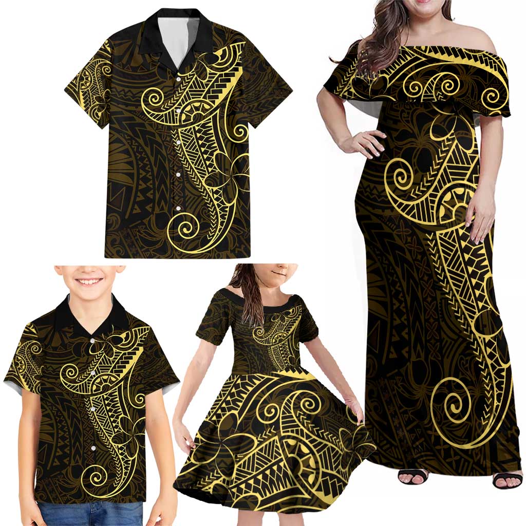 Black Gold Polynesian Tribal Family Matching Off Shoulder Maxi Dress and Hawaiian Shirt LT9 - Polynesian Pride