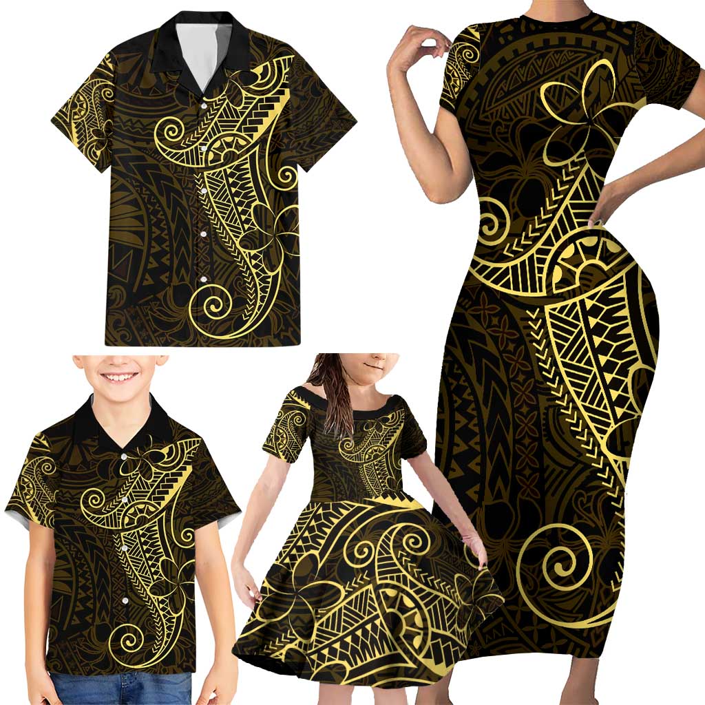 Black Gold Polynesian Tribal Family Matching Short Sleeve Bodycon Dress and Hawaiian Shirt LT9 - Polynesian Pride