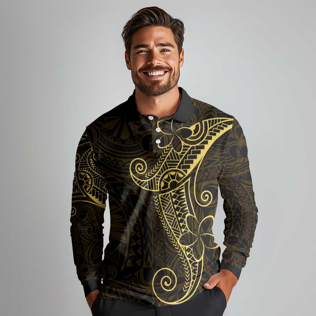 Black Gold Polynesian Tribal Long Sleeve Polo Shirt LT9 - Polynesian Pride
