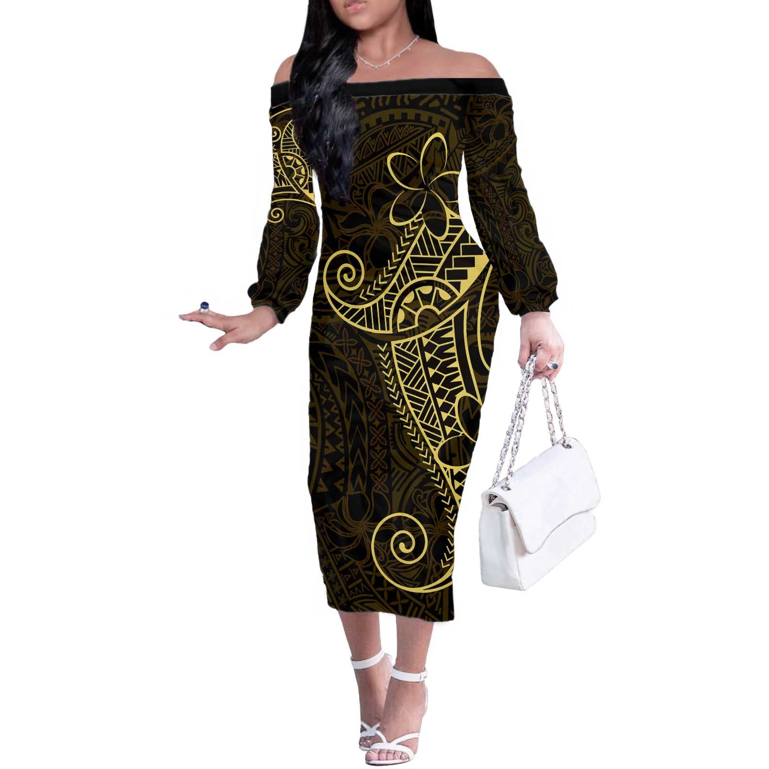 Black Gold Polynesian Tribal Off The Shoulder Long Sleeve Dress - Polynesian Pride