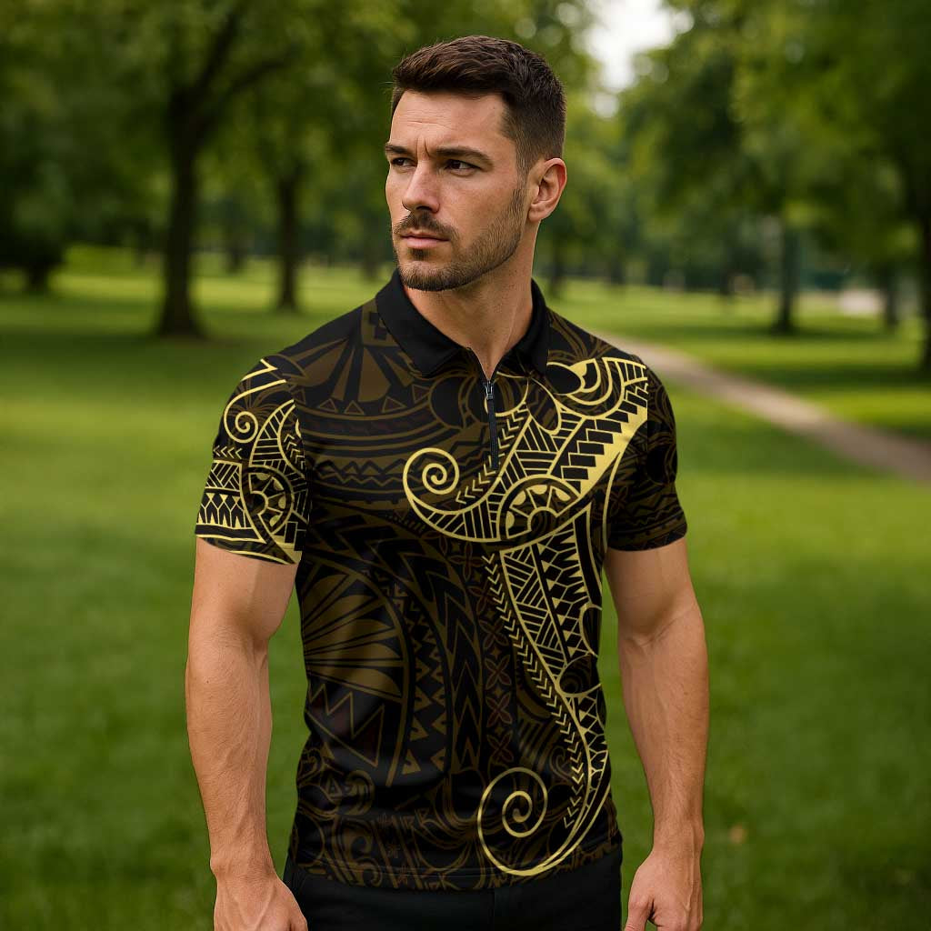 Black Gold Polynesian Tribal Zipper Polo Shirt LT9 - Polynesian Pride