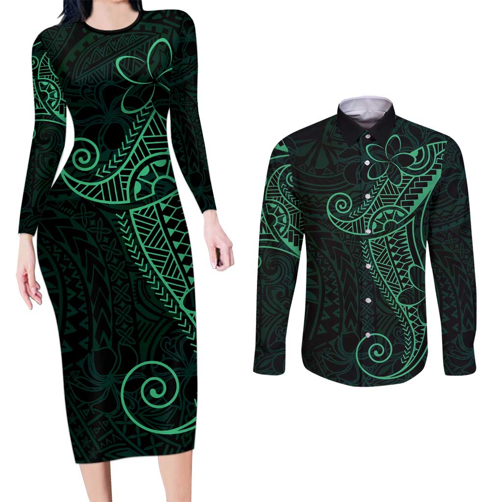 Black Green Polynesian Tribal Couples Matching Long Sleeve Bodycon Dress and Long Sleeve Button Shirt - Polynesian Pride