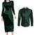 Black Green Polynesian Tribal Couples Matching Long Sleeve Bodycon Dress and Long Sleeve Button Shirt - Polynesian Pride