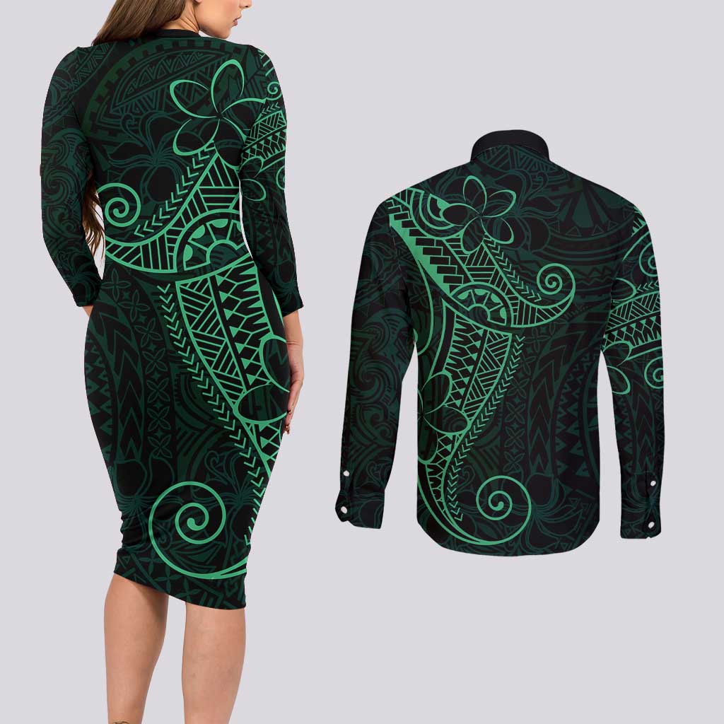 Black Green Polynesian Tribal Couples Matching Long Sleeve Bodycon Dress and Long Sleeve Button Shirt - Polynesian Pride