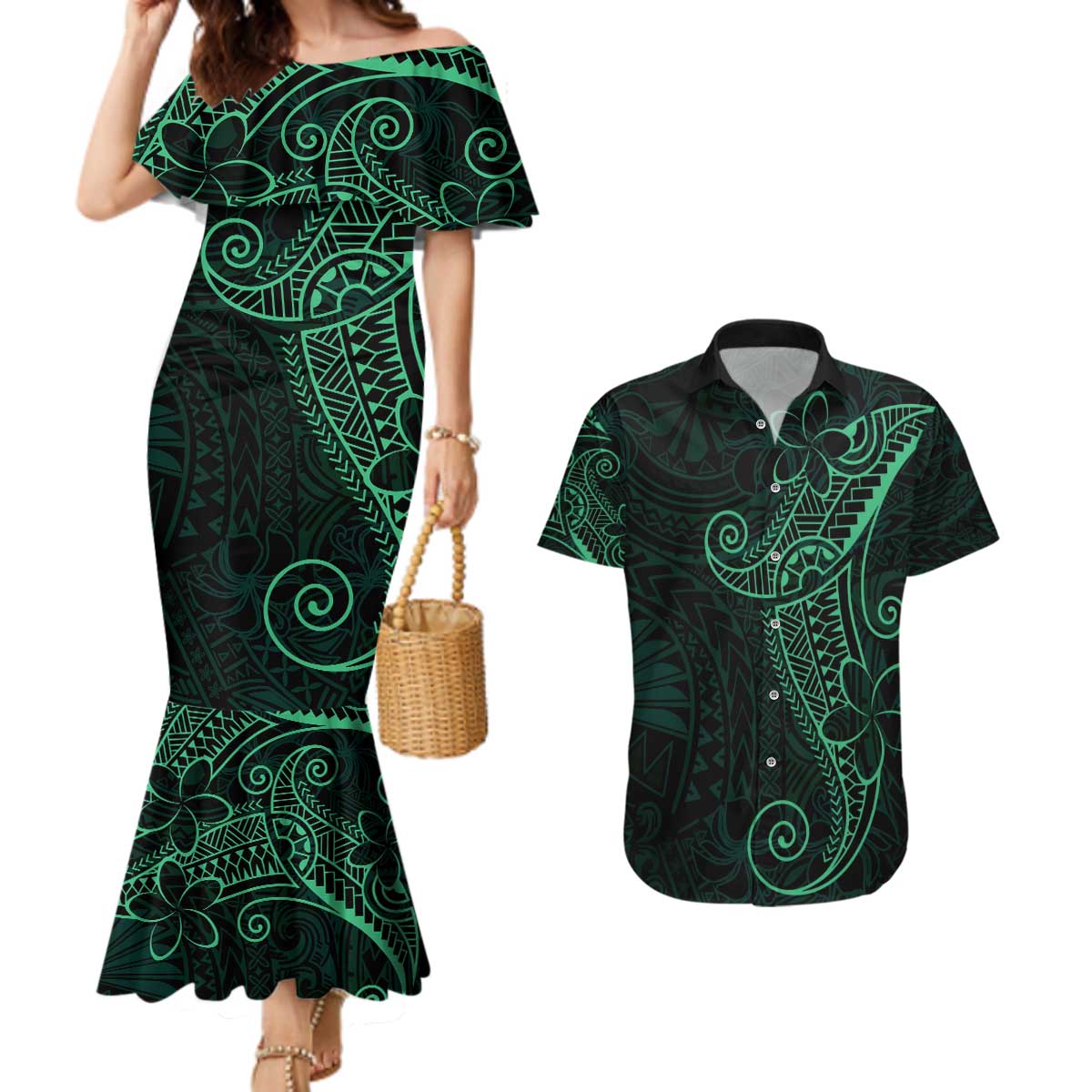 Black Green Polynesian Tribal Couples Matching Mermaid Dress and Hawaiian Shirt LT9 Green - Polynesian Pride
