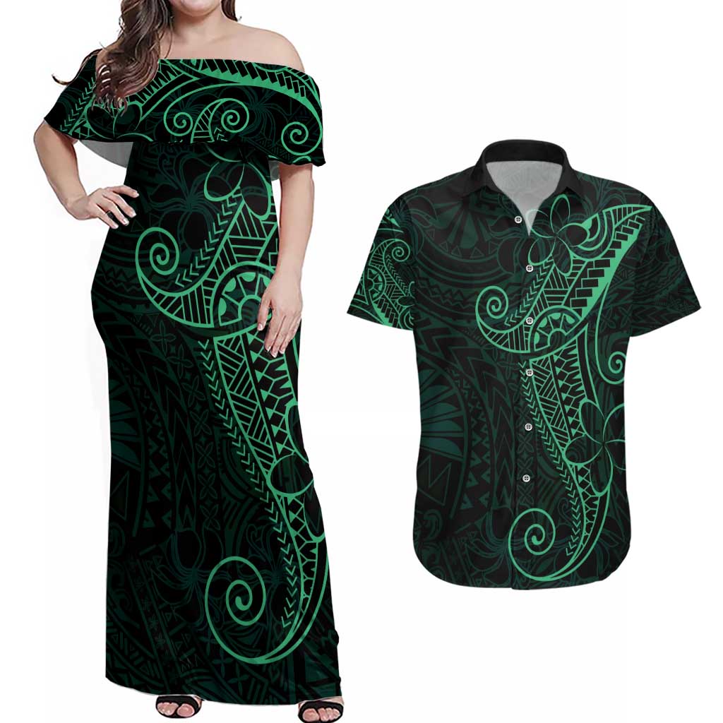 Black Green Polynesian Tribal Couples Matching Off Shoulder Maxi Dress and Hawaiian Shirt LT9 Green - Polynesian Pride