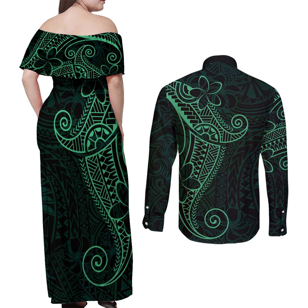 Black Green Polynesian Tribal Couples Matching Off Shoulder Maxi Dress and Long Sleeve Button Shirt LT9 - Polynesian Pride