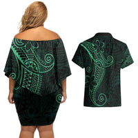 Black Green Polynesian Tribal Couples Matching Off Shoulder Short Dress and Hawaiian Shirt LT9 - Polynesian Pride
