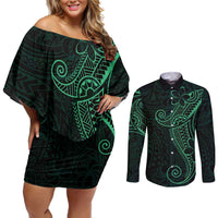 Black Green Polynesian Tribal Couples Matching Off Shoulder Short Dress and Long Sleeve Button Shirt - Polynesian Pride