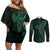 Black Green Polynesian Tribal Couples Matching Off Shoulder Short Dress and Long Sleeve Button Shirt - Polynesian Pride