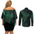 Black Green Polynesian Tribal Couples Matching Off Shoulder Short Dress and Long Sleeve Button Shirt - Polynesian Pride