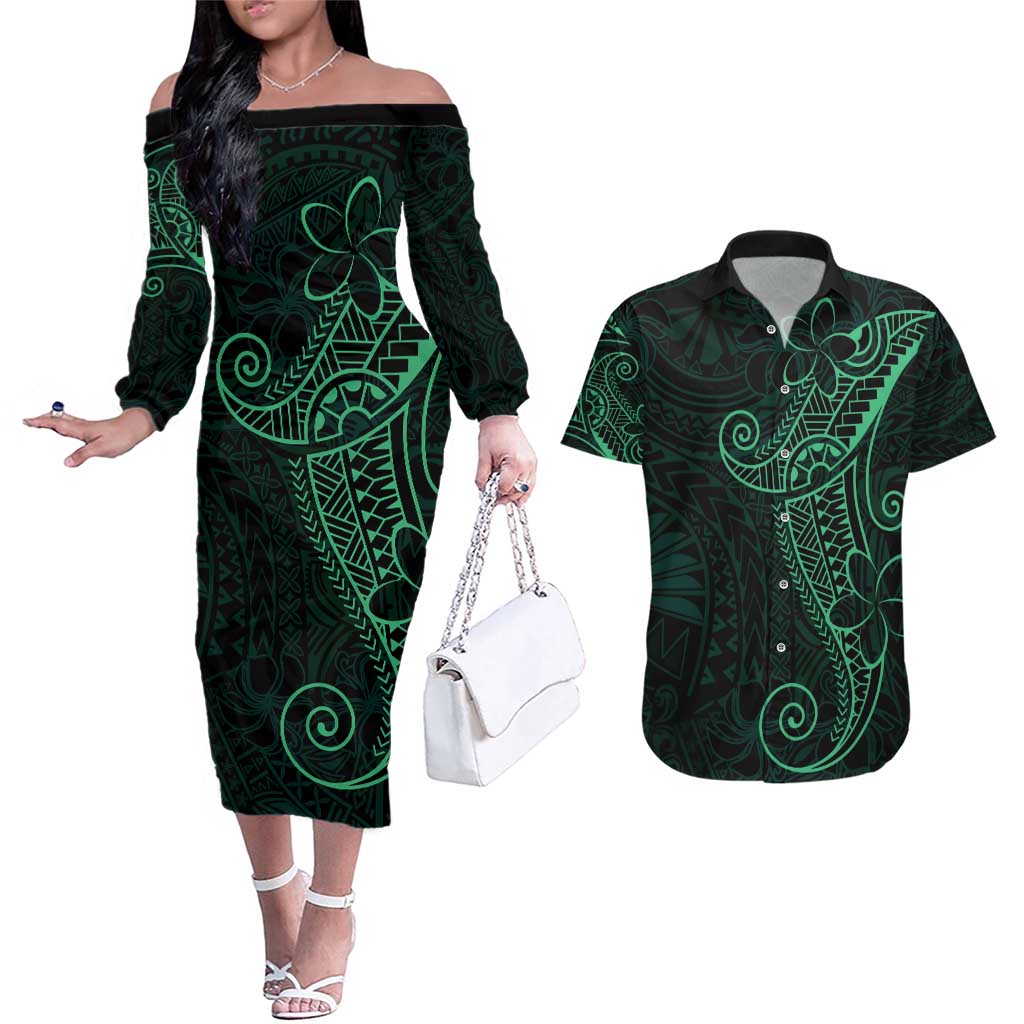 Black Green Polynesian Tribal Couples Matching Off The Shoulder Long Sleeve Dress and Hawaiian Shirt LT9 Green - Polynesian Pride