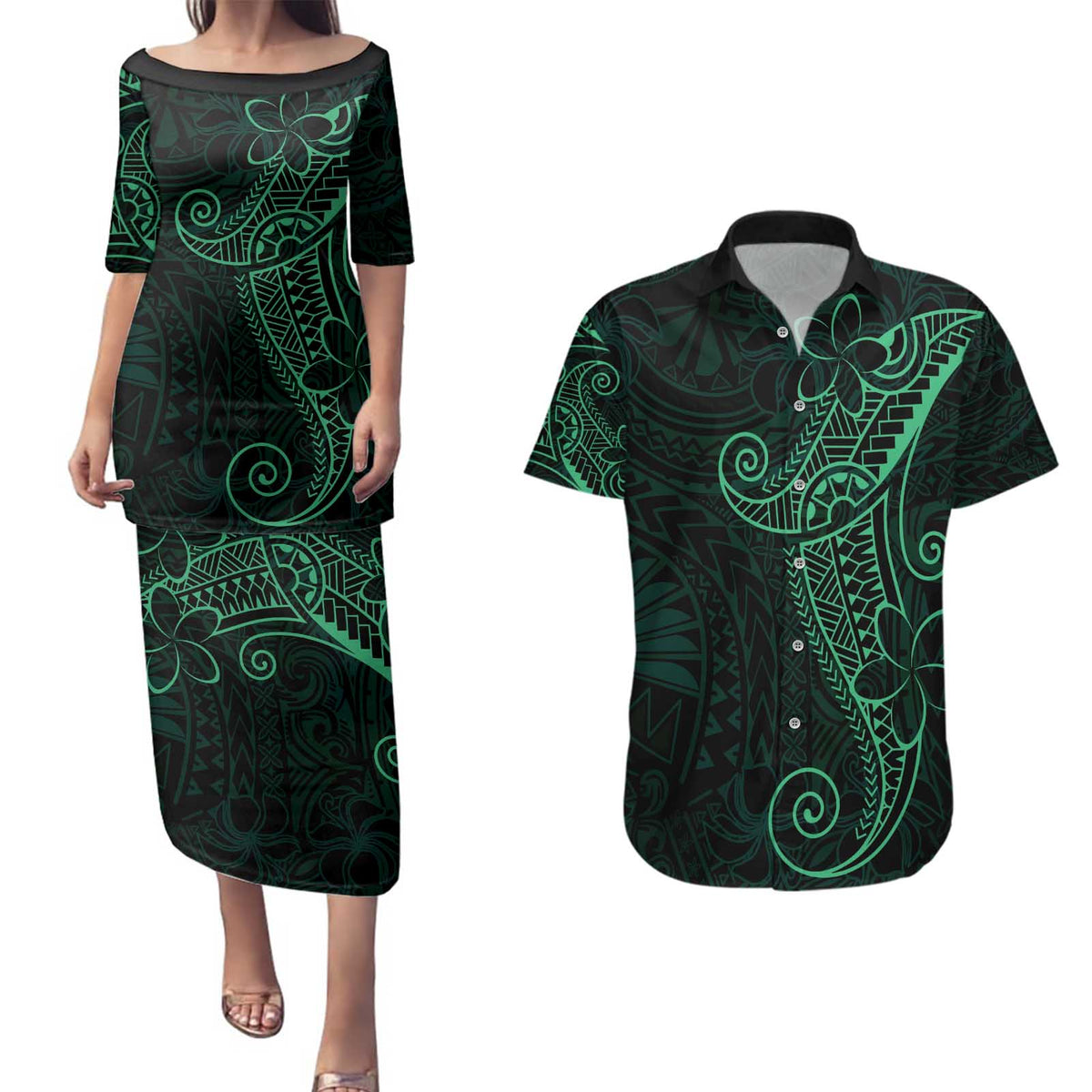 Black Green Polynesian Tribal Couples Matching Puletasi and Hawaiian Shirt LT9 Green - Polynesian Pride