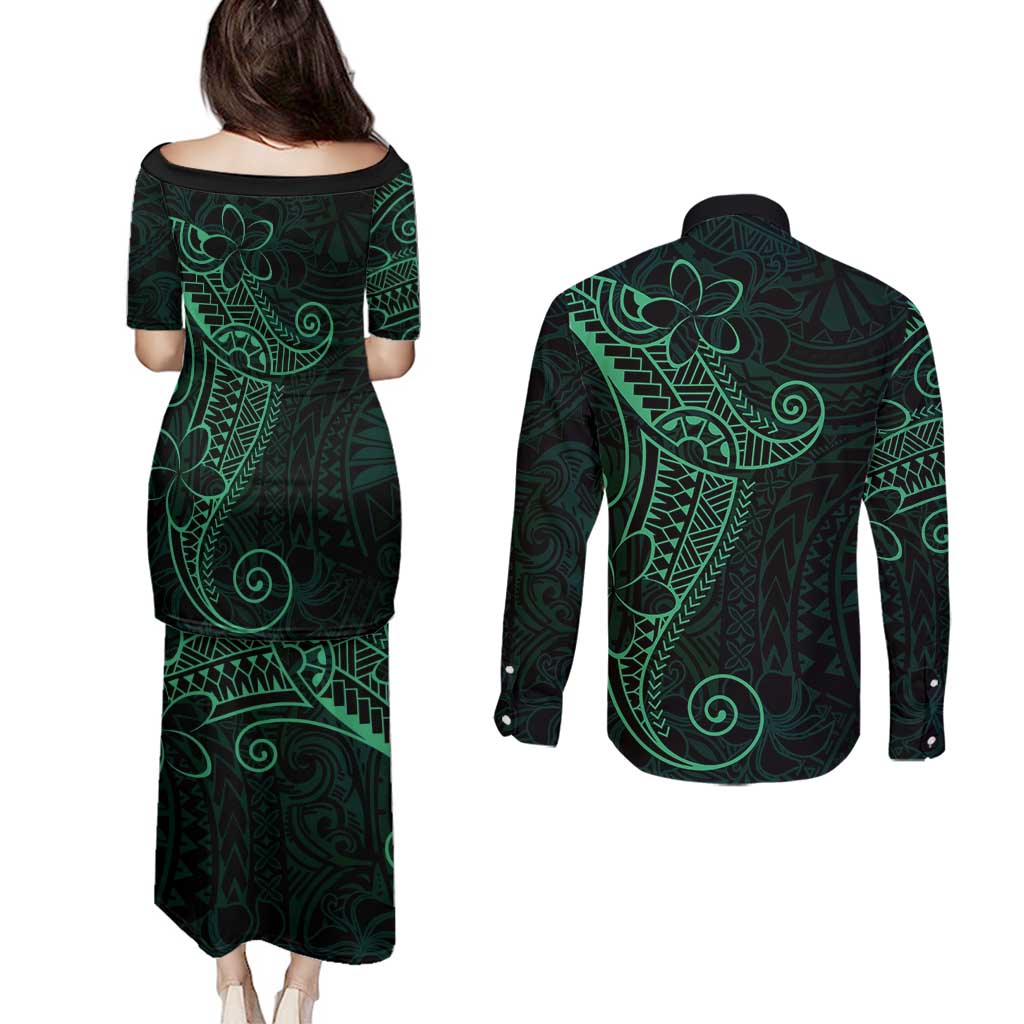 Black Green Polynesian Tribal Couples Matching Puletasi and Long Sleeve Button Shirt LT9 - Polynesian Pride