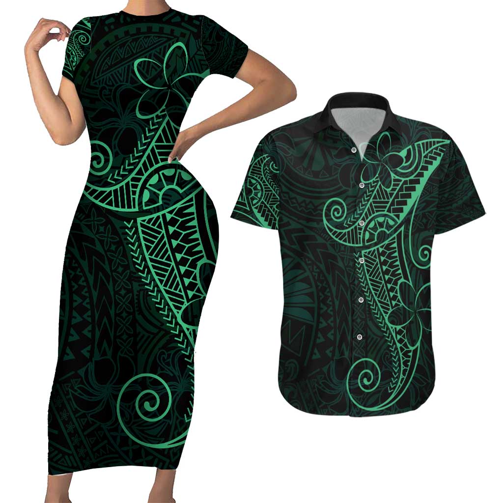Black Green Polynesian Tribal Couples Matching Short Sleeve Bodycon Dress and Hawaiian Shirt LT9 Green - Polynesian Pride