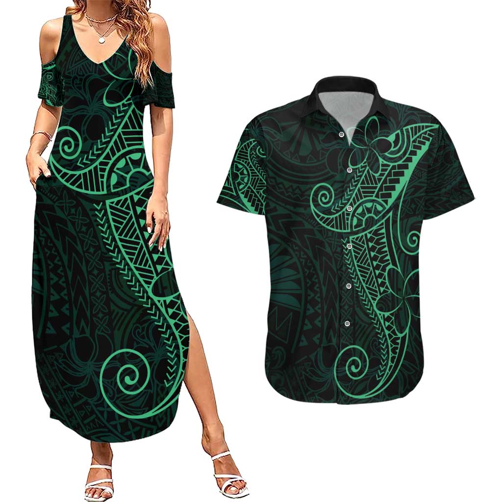 Black Green Polynesian Tribal Couples Matching Summer Maxi Dress and Hawaiian Shirt LT9 Green - Polynesian Pride