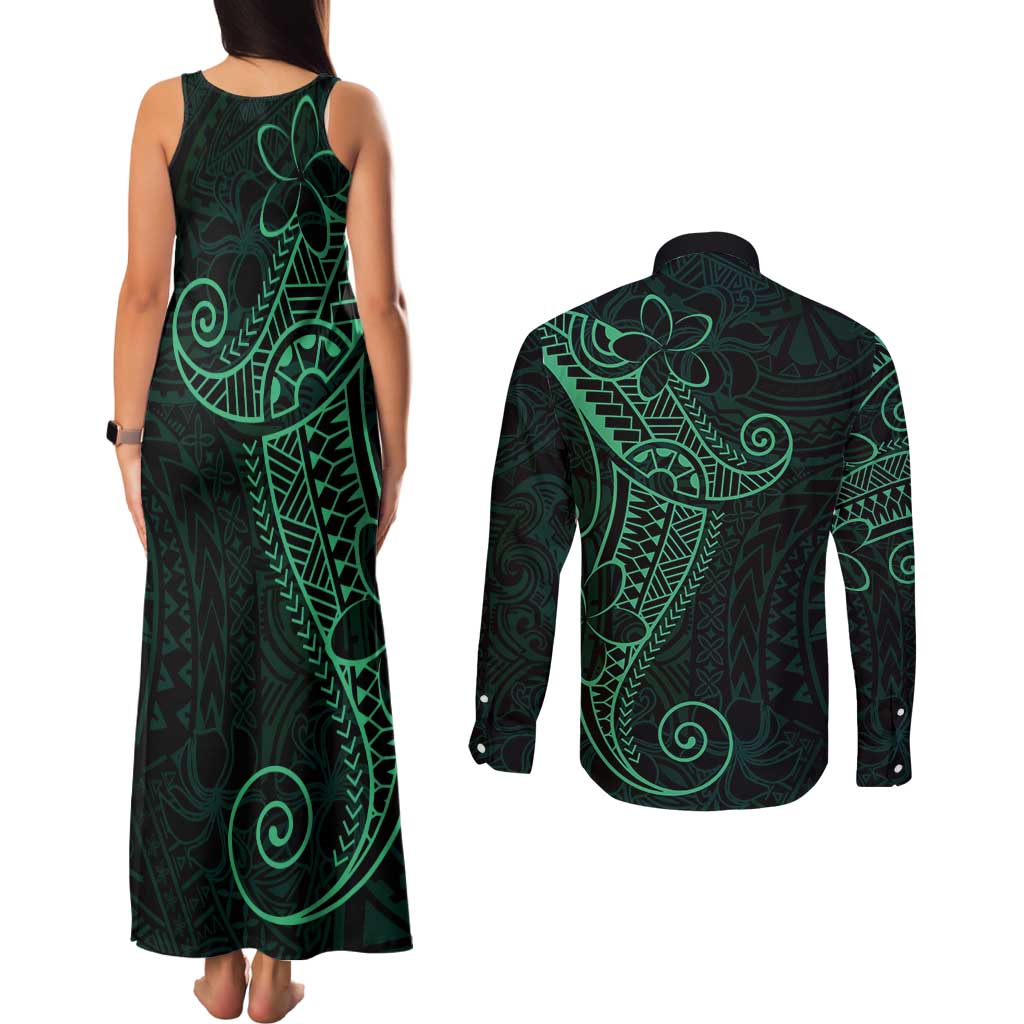 Black Green Polynesian Tribal Couples Matching Tank Maxi Dress and Long Sleeve Button Shirt LT9 - Polynesian Pride