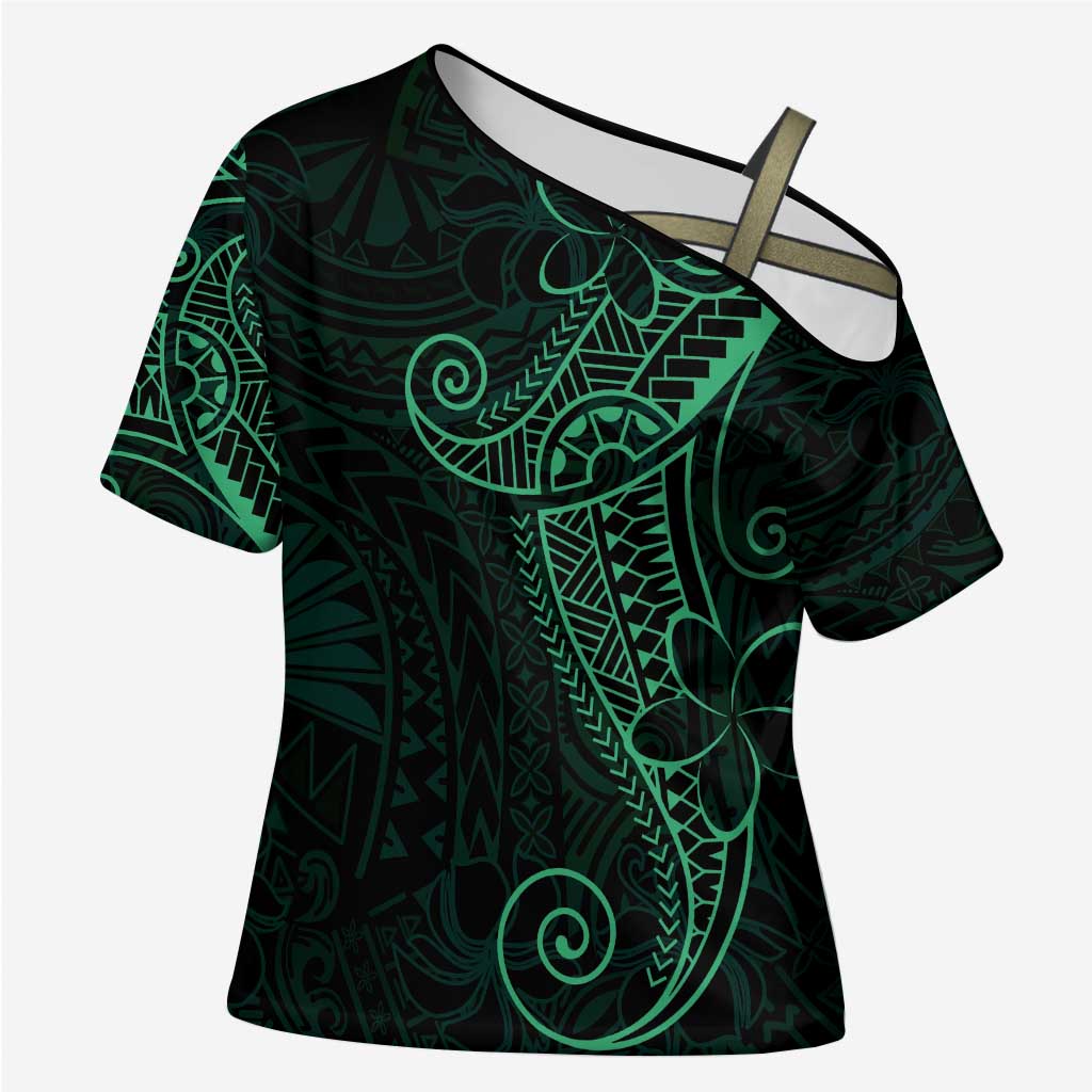 Black Green Polynesian Tribal Cross Shoulder Shirt LT9 Female Green - Polynesian Pride