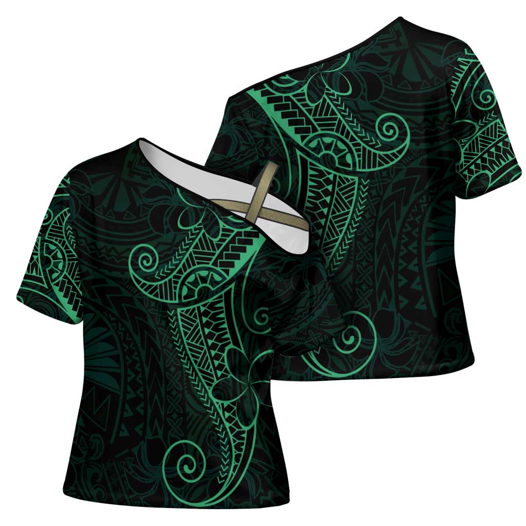 Black Green Polynesian Tribal Cross Shoulder Shirt LT9 - Polynesian Pride