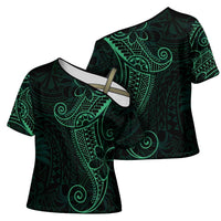Black Green Polynesian Tribal Cross Shoulder Shirt LT9 - Polynesian Pride