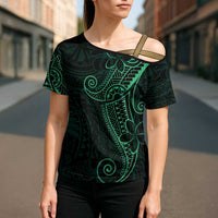 Black Green Polynesian Tribal Cross Shoulder Shirt LT9 - Polynesian Pride