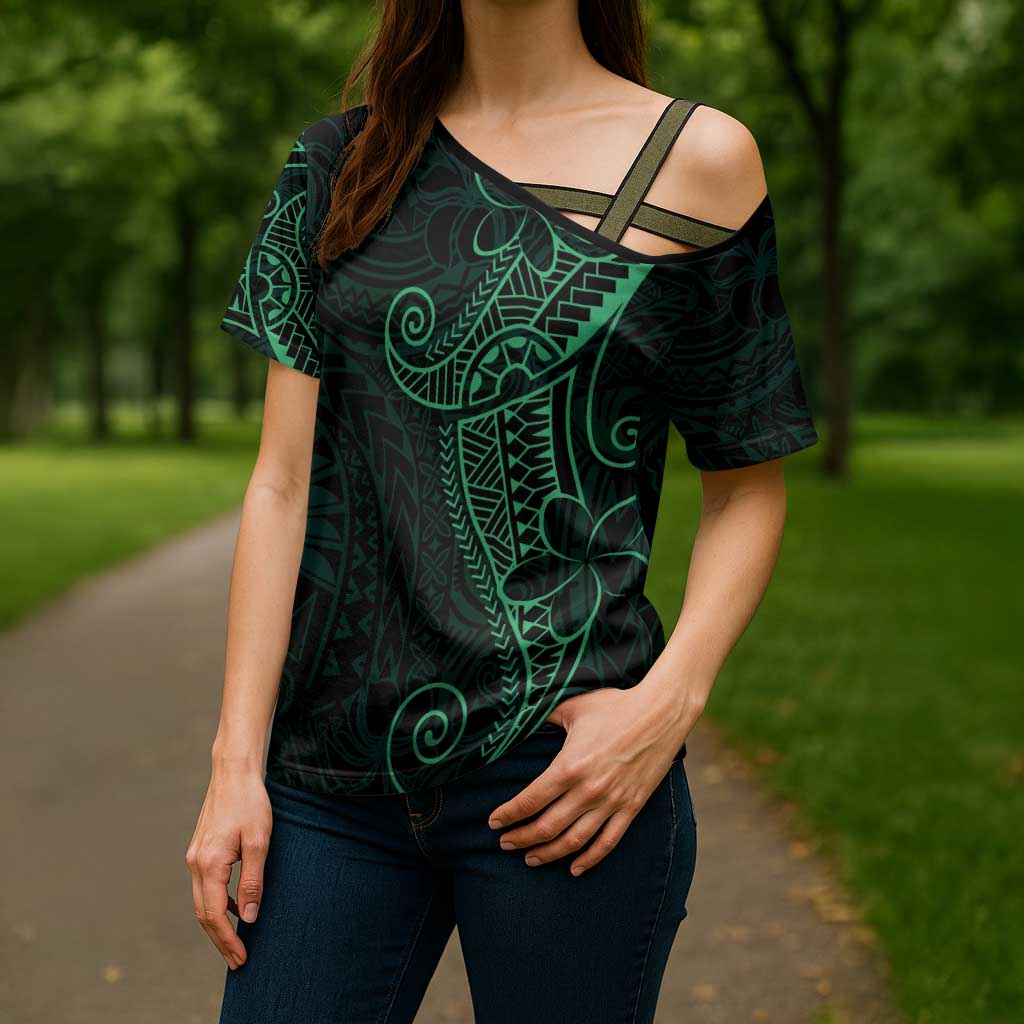 Black Green Polynesian Tribal Cross Shoulder Shirt LT9 - Polynesian Pride