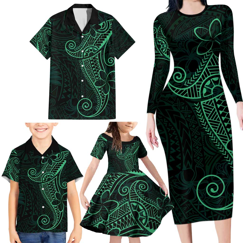 Black Green Polynesian Tribal Family Matching Long Sleeve Bodycon Dress and Hawaiian Shirt - Polynesian Pride