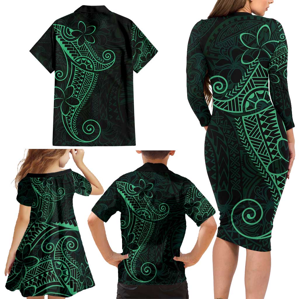 Black Green Polynesian Tribal Family Matching Long Sleeve Bodycon Dress and Hawaiian Shirt - Polynesian Pride