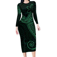 Black Green Polynesian Tribal Family Matching Long Sleeve Bodycon Dress and Hawaiian Shirt - Polynesian Pride