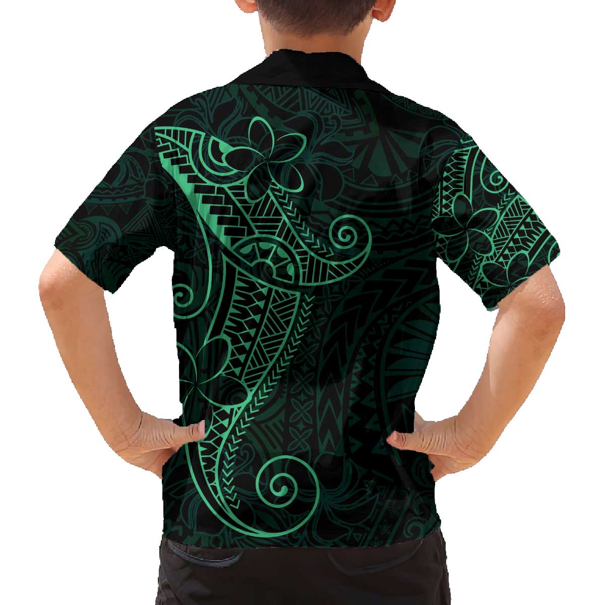Black Green Polynesian Tribal Family Matching Off The Shoulder Long Sleeve Dress and Hawaiian Shirt - Polynesian Pride