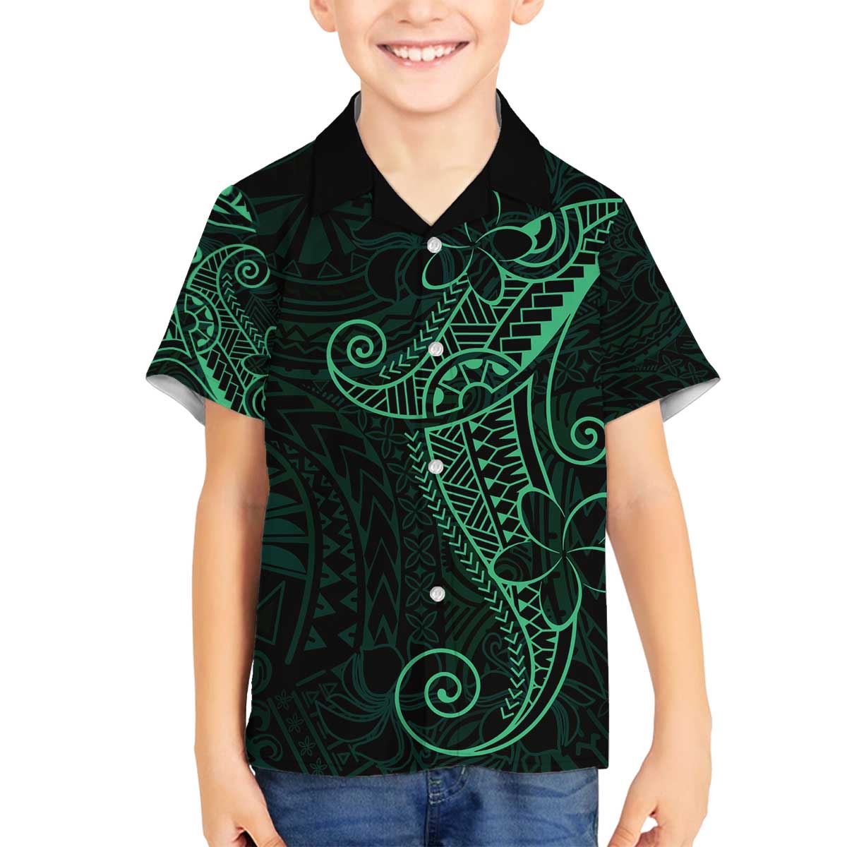 Black Green Polynesian Tribal Family Matching Off The Shoulder Long Sleeve Dress and Hawaiian Shirt - Polynesian Pride