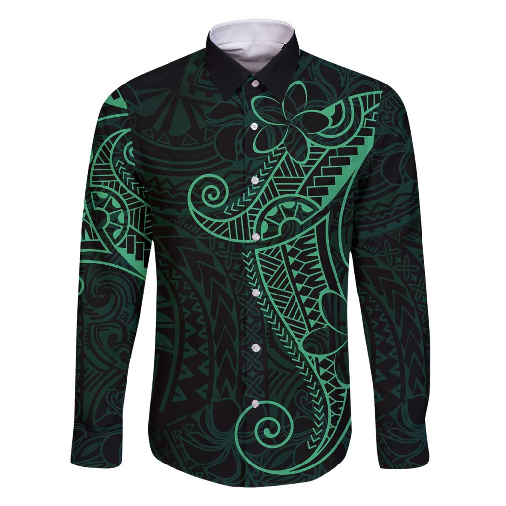 Black Green Polynesian Tribal Family Matching Off Shoulder Maxi Dress and Hawaiian Shirt LT9 Dad's Shirt - Long Sleeve Green - Polynesian Pride