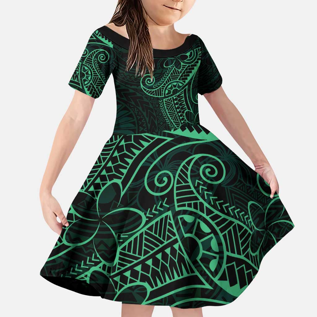 Black Green Polynesian Tribal Family Matching Puletasi and Hawaiian Shirt LT9 Daughter's Dress Green - Polynesian Pride