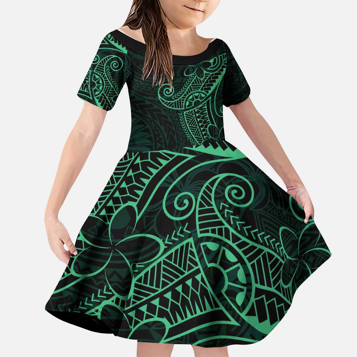 Black Green Polynesian Tribal Kid Short Sleeve Dress - Polynesian Pride