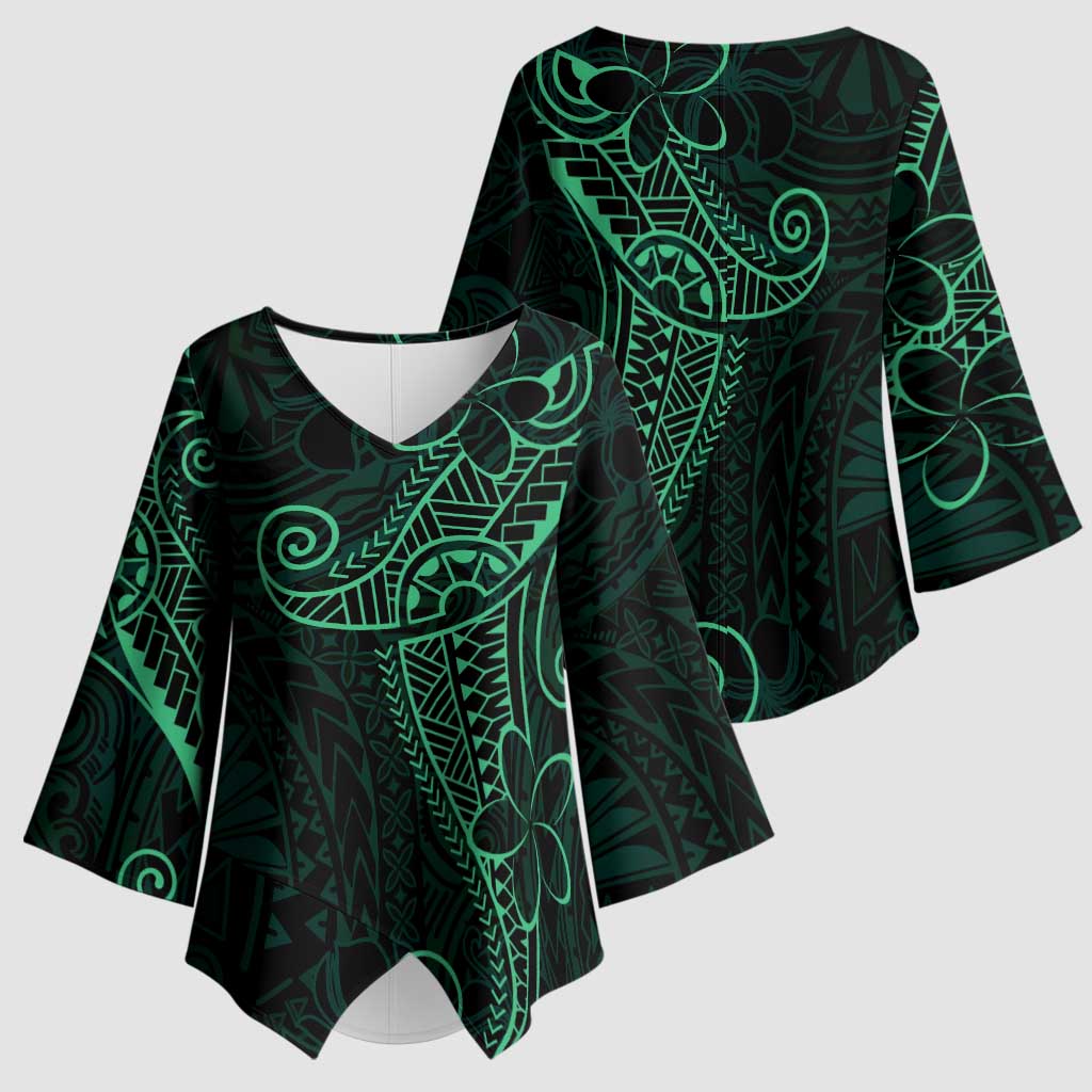 Black Green Polynesian Tribal Kimono Sleeve Blouse LT9 - Polynesian Pride