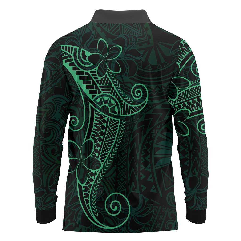 Black Green Polynesian Tribal Long Sleeve Polo Shirt LT9 - Polynesian Pride