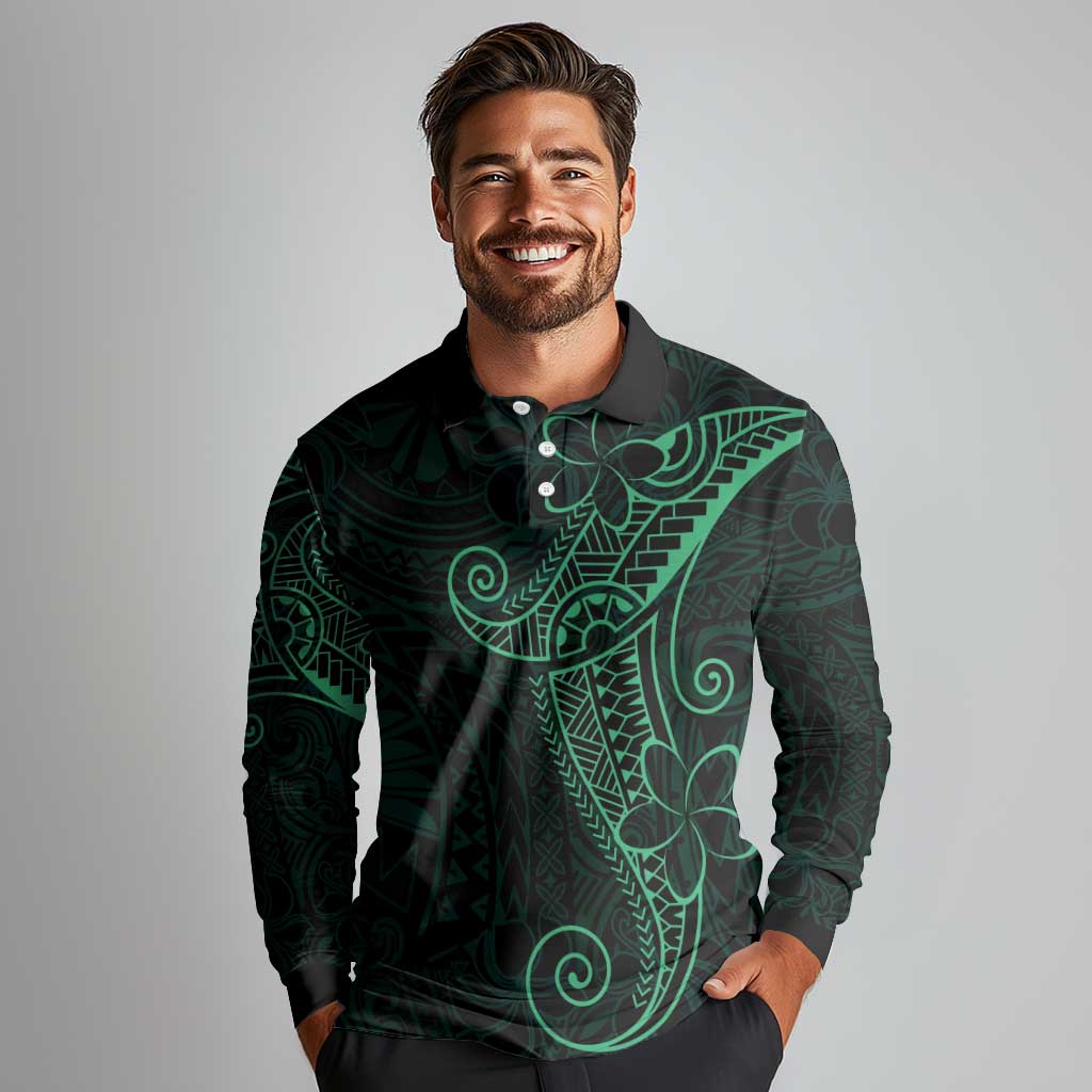 Black Green Polynesian Tribal Long Sleeve Polo Shirt LT9 - Polynesian Pride