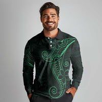 Black Green Polynesian Tribal Long Sleeve Polo Shirt LT9 - Polynesian Pride