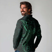 Black Green Polynesian Tribal Long Sleeve Polo Shirt LT9 - Polynesian Pride