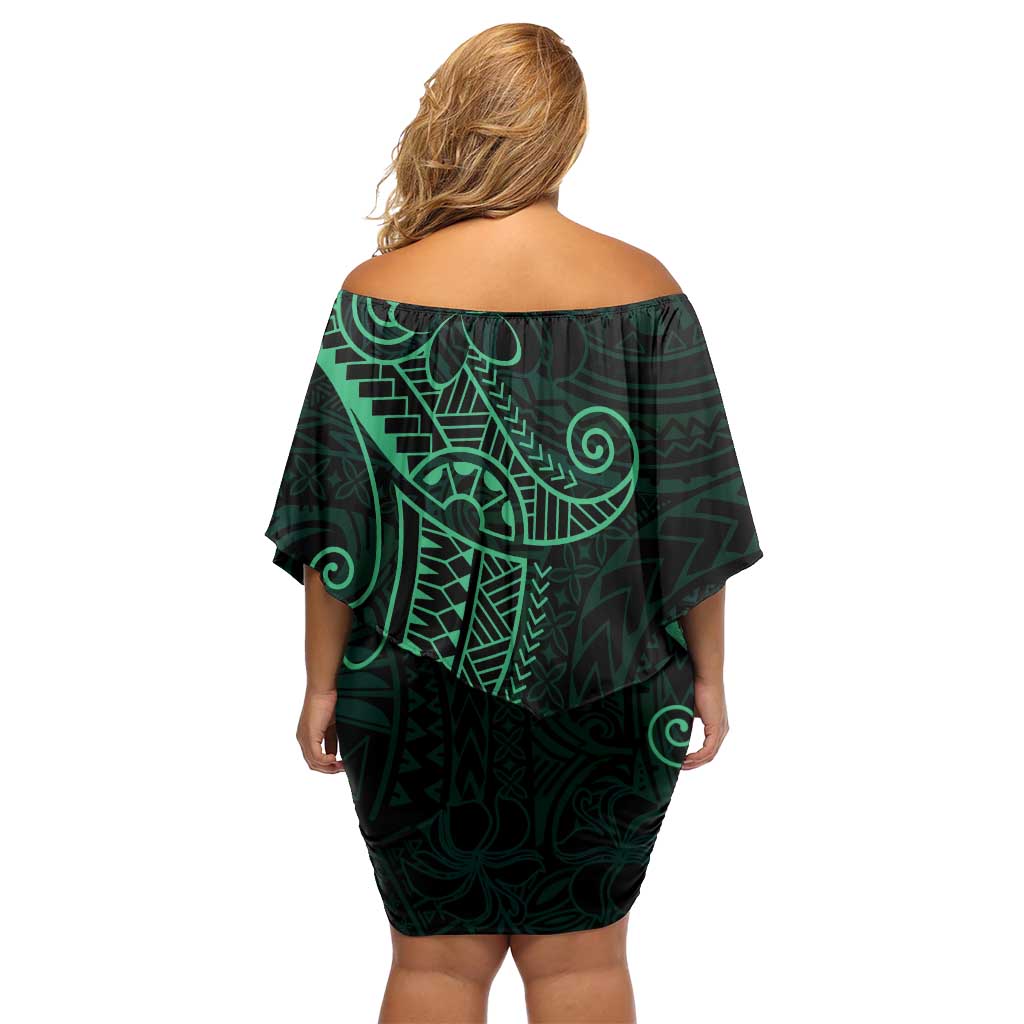 Black Green Polynesian Tribal Off Shoulder Short Dress - Polynesian Pride