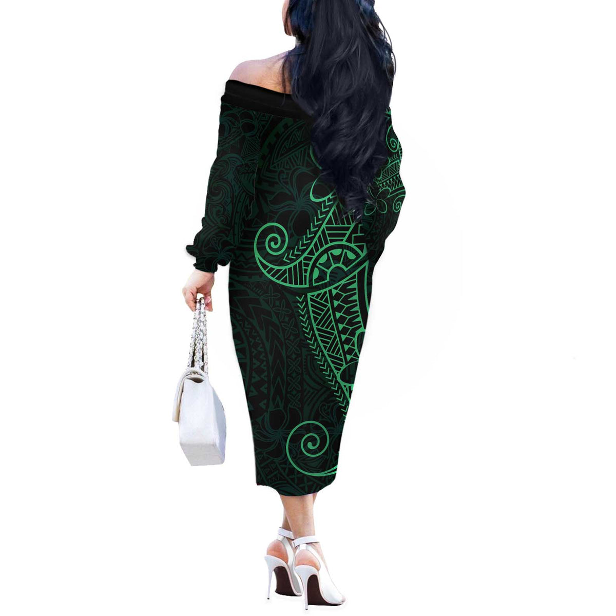 Black Green Polynesian Tribal Off The Shoulder Long Sleeve Dress - Polynesian Pride