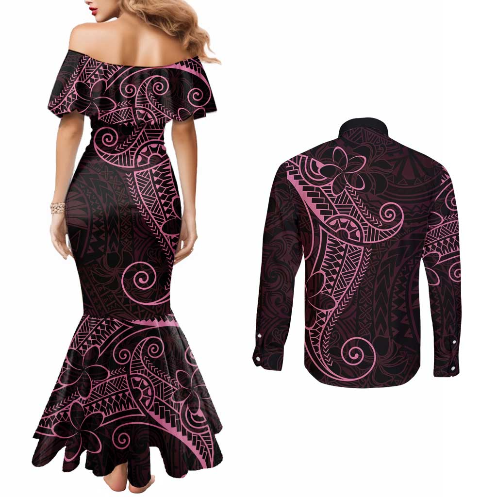 Black Pink Polynesian Tribal Couples Matching Mermaid Dress and Long Sleeve Button Shirt LT9 - Polynesian Pride