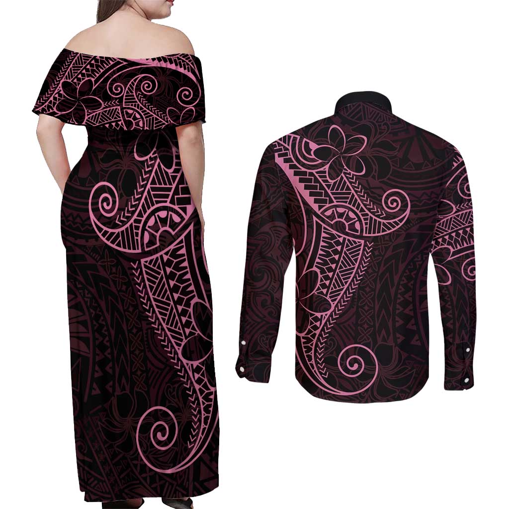 Black Pink Polynesian Tribal Couples Matching Off Shoulder Maxi Dress and Long Sleeve Button Shirt LT9 - Polynesian Pride