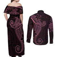 Black Pink Polynesian Tribal Couples Matching Off Shoulder Maxi Dress and Long Sleeve Button Shirt LT9 - Polynesian Pride