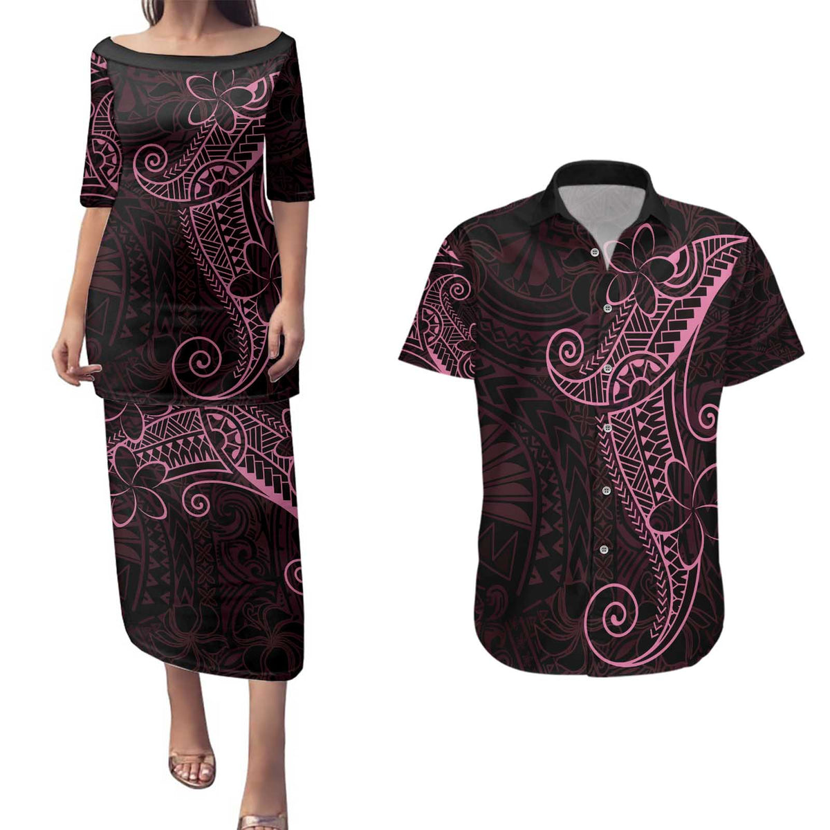 Black Pink Polynesian Tribal Couples Matching Puletasi and Hawaiian Shirt - Polynesian Pride
