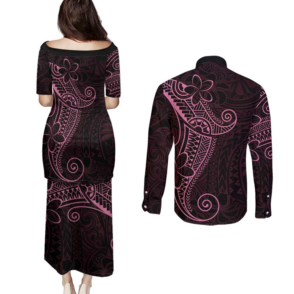 Black Pink Polynesian Tribal Couples Matching Puletasi and Long Sleeve Button Shirt LT9 - Polynesian Pride