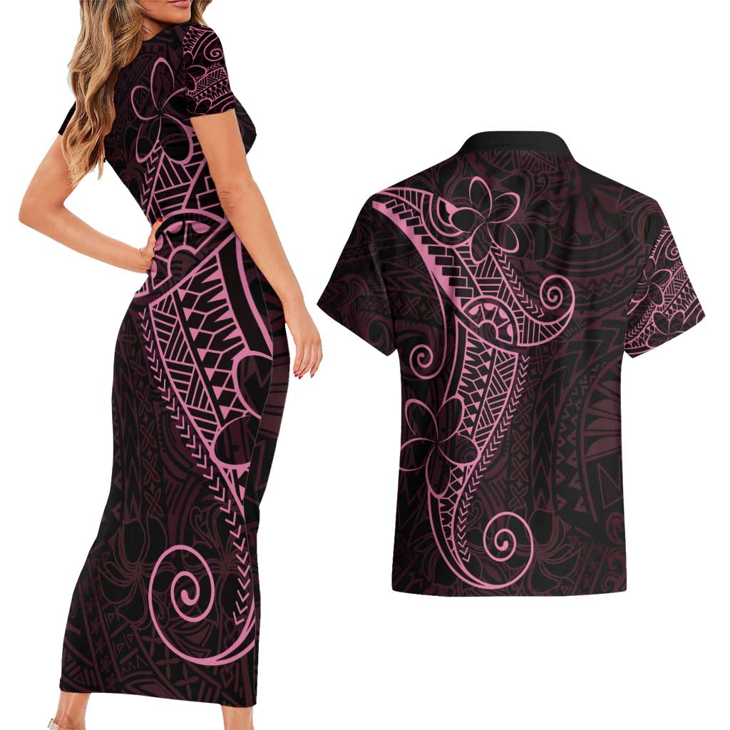 Black Pink Polynesian Tribal Couples Matching Short Sleeve Bodycon Dress and Hawaiian Shirt LT9 - Polynesian Pride