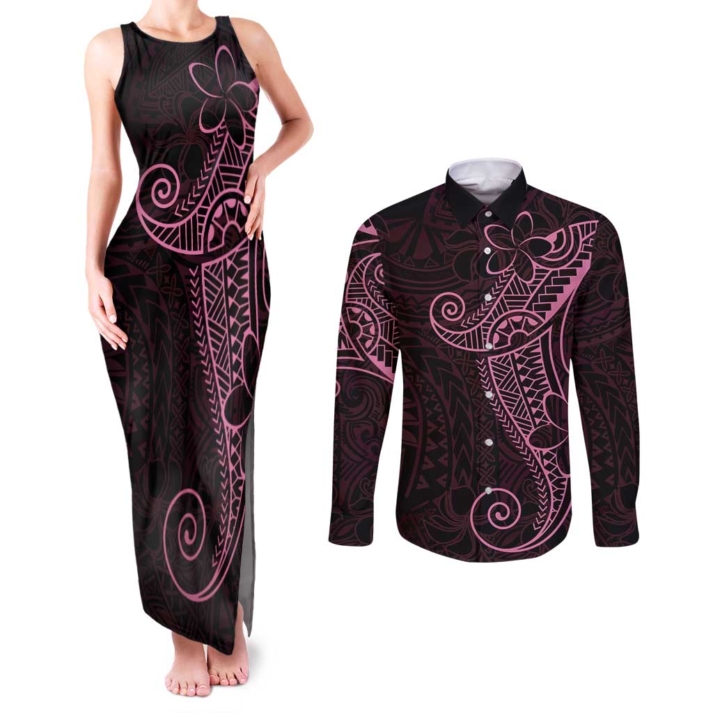 Black Pink Polynesian Tribal Couples Matching Tank Maxi Dress and Long Sleeve Button Shirt LT9 Pink - Polynesian Pride