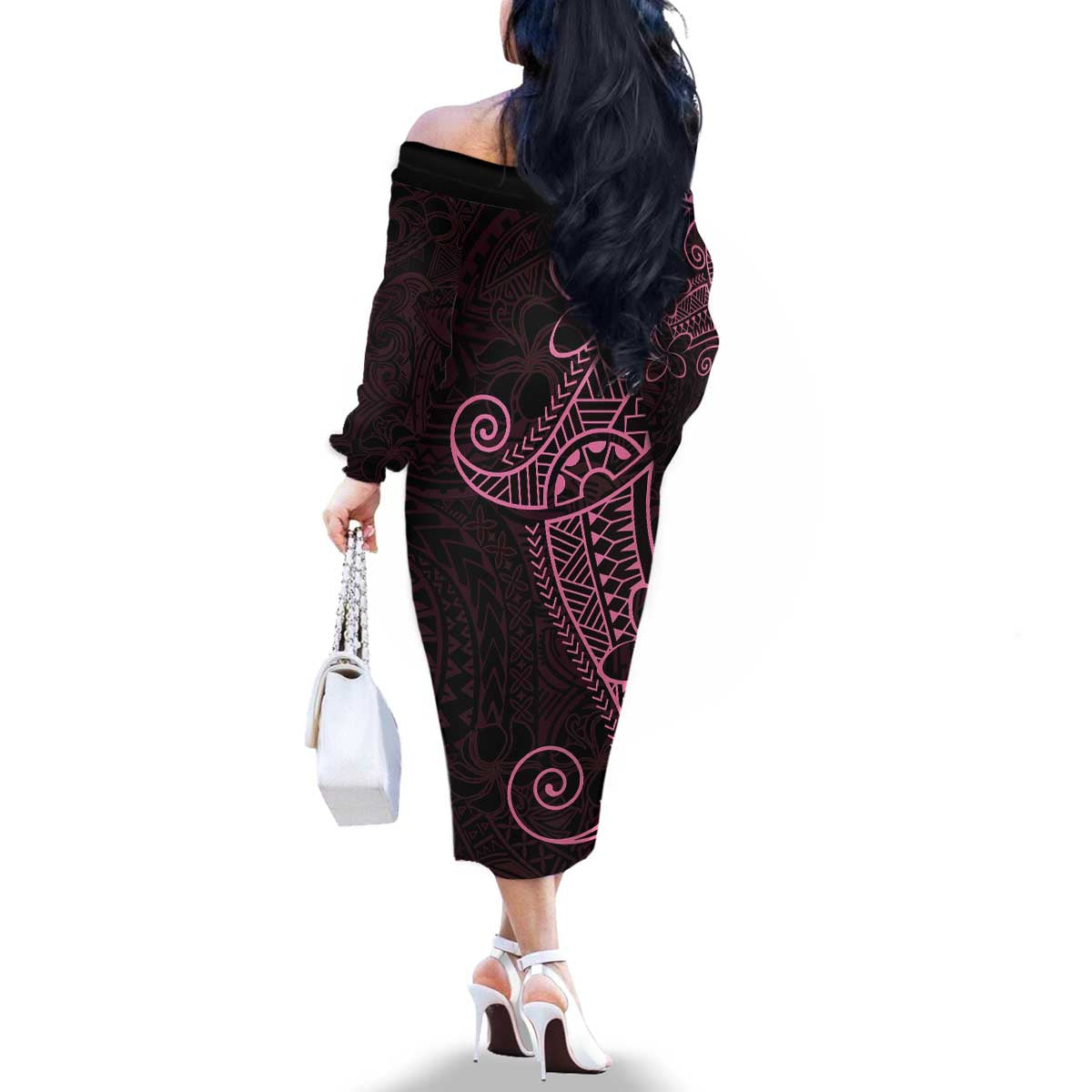Black Pink Polynesian Tribal Family Matching Off The Shoulder Long Sleeve Dress and Hawaiian Shirt - Polynesian Pride
