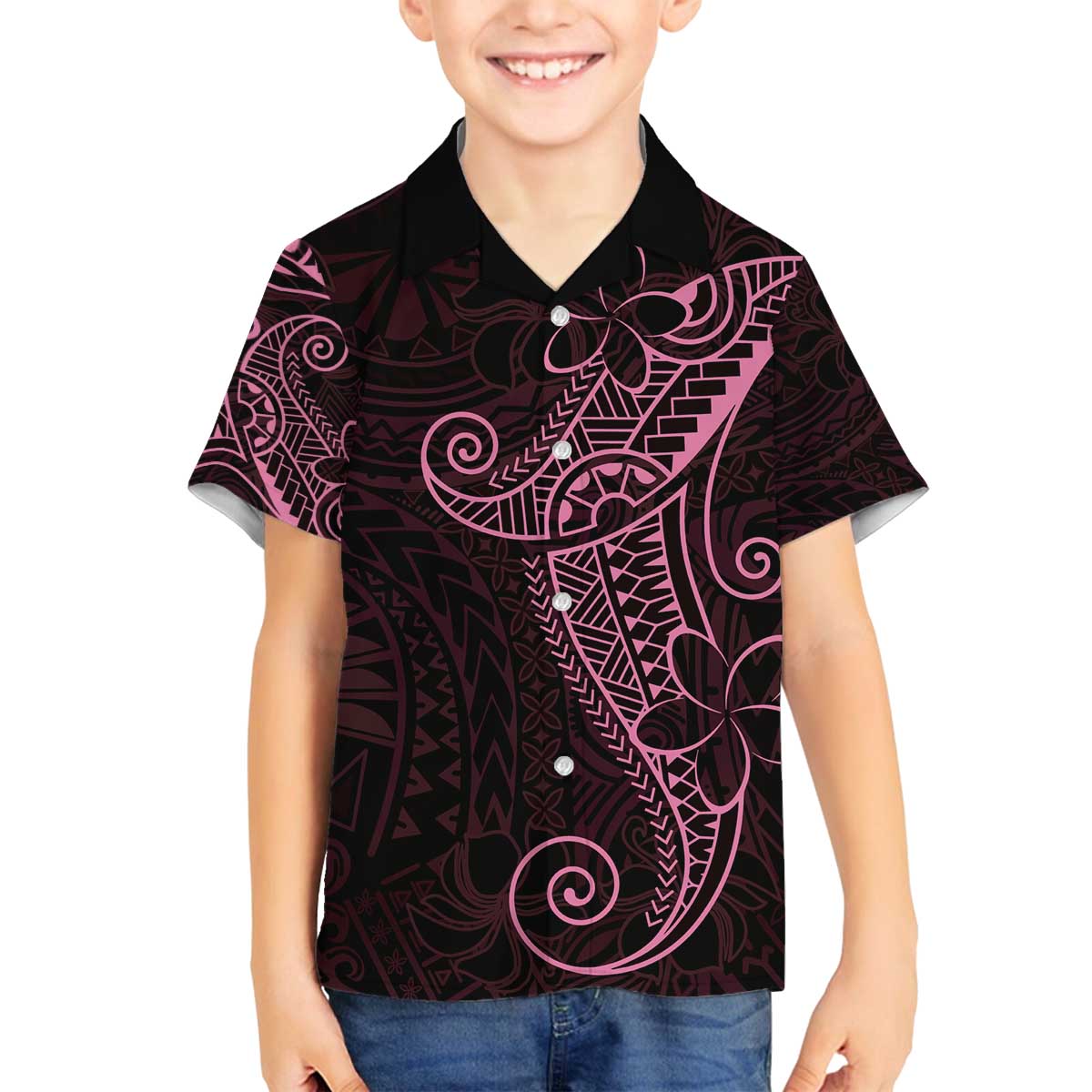 Black Pink Polynesian Tribal Family Matching Off The Shoulder Long Sleeve Dress and Hawaiian Shirt - Polynesian Pride